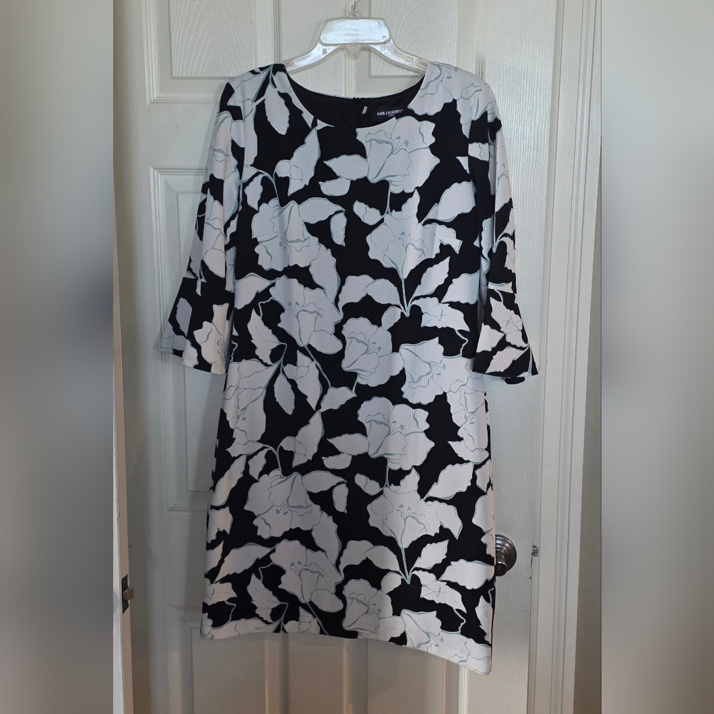 Karl Lagerfeld Paris Black White Floral Shift Dress 3/4 Bell Sleeve 12